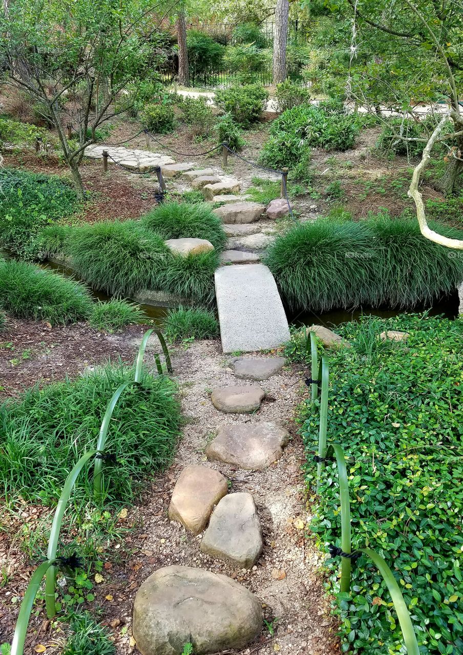 Stepping stones over a small Creek at the Japanese Garden in Houston Texas