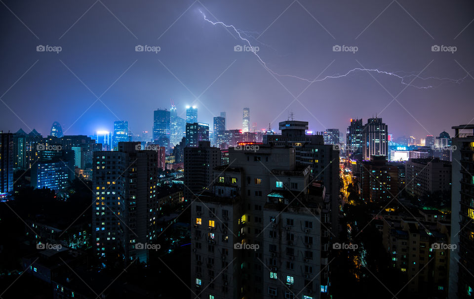 china, Beijing,, lightning, rain, skyline