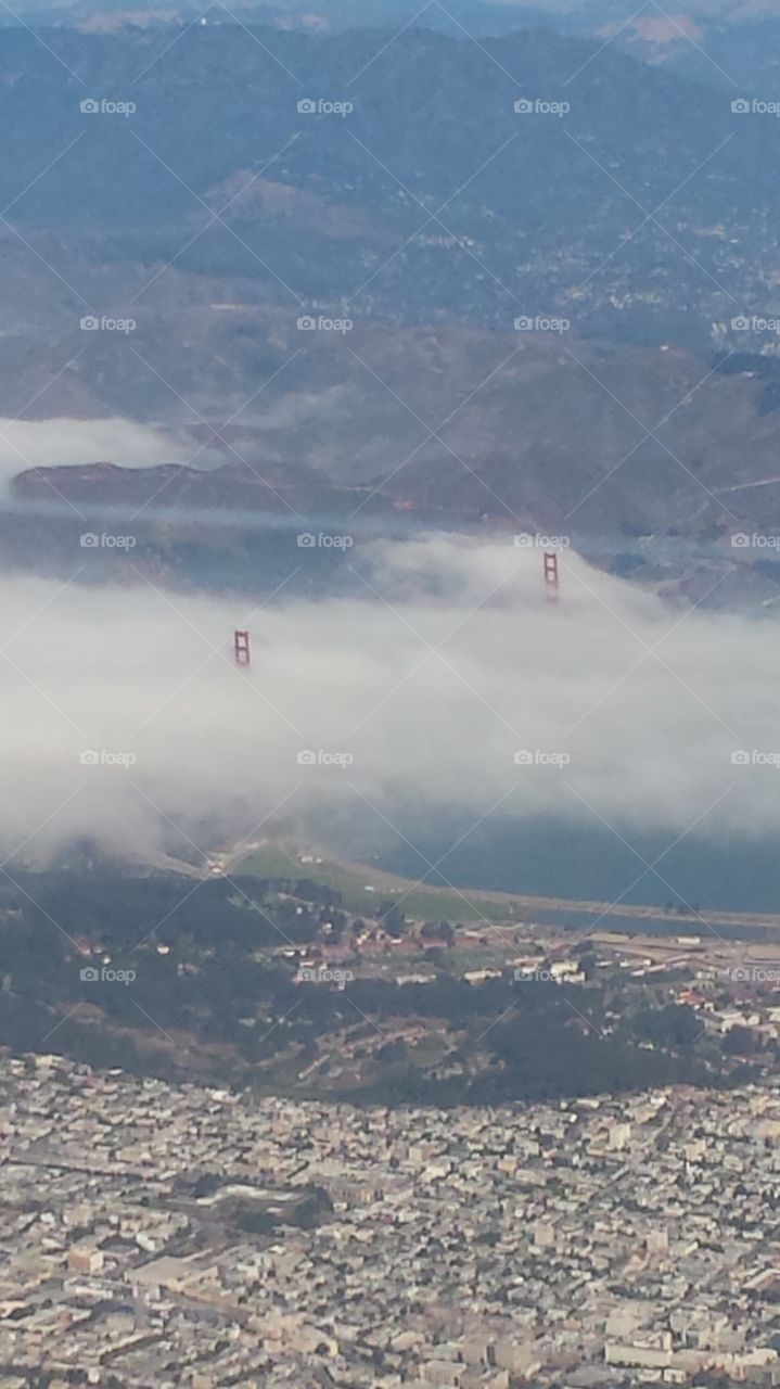Golden Gate aerial view in  the fog