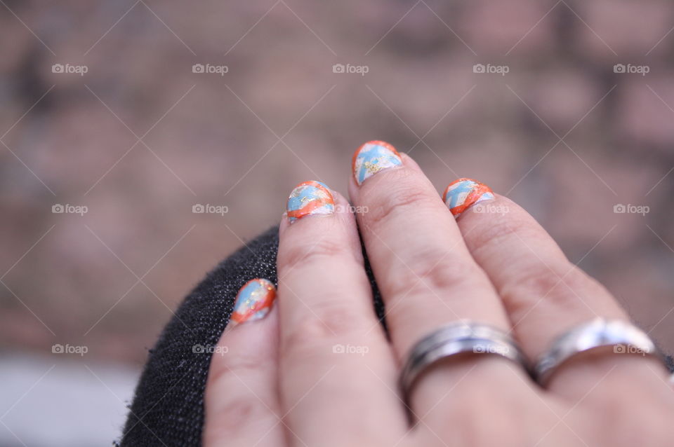 blue and orange plaid nail art