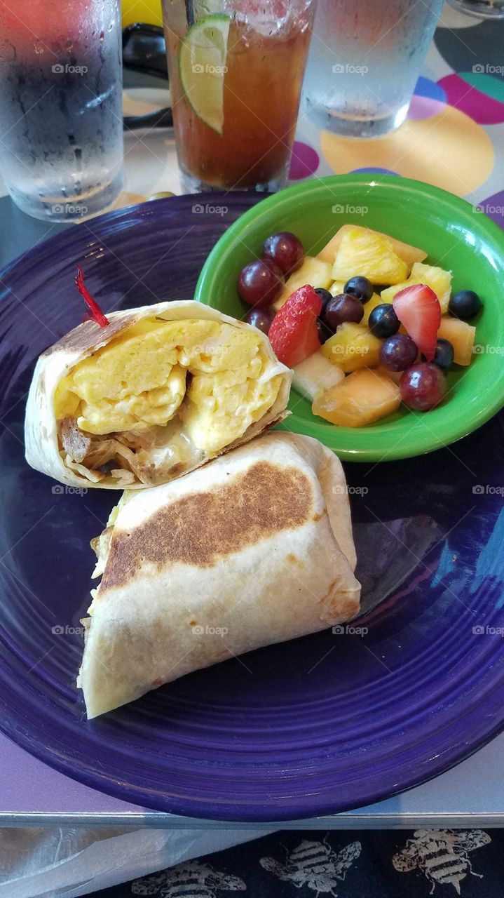 breakfast burrito with egg and fruit