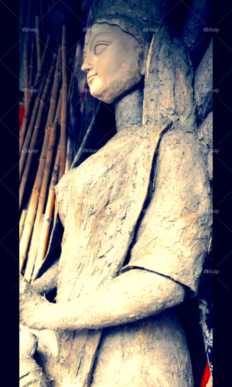 Captured unfinished Goddess Durga clay idol.