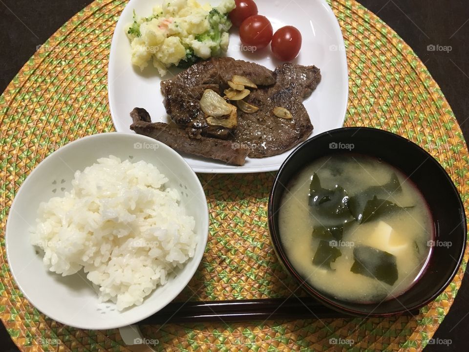 Beefsteak with rice and miso soup ♡