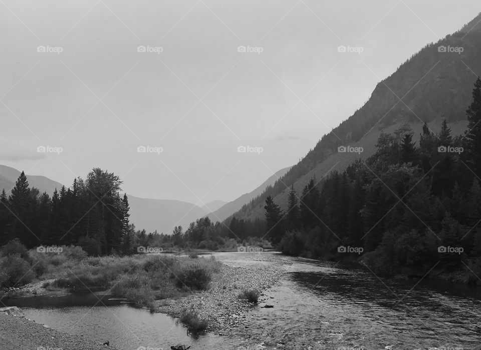 B&W river scene in the Beartooth Mountains of Montana. 