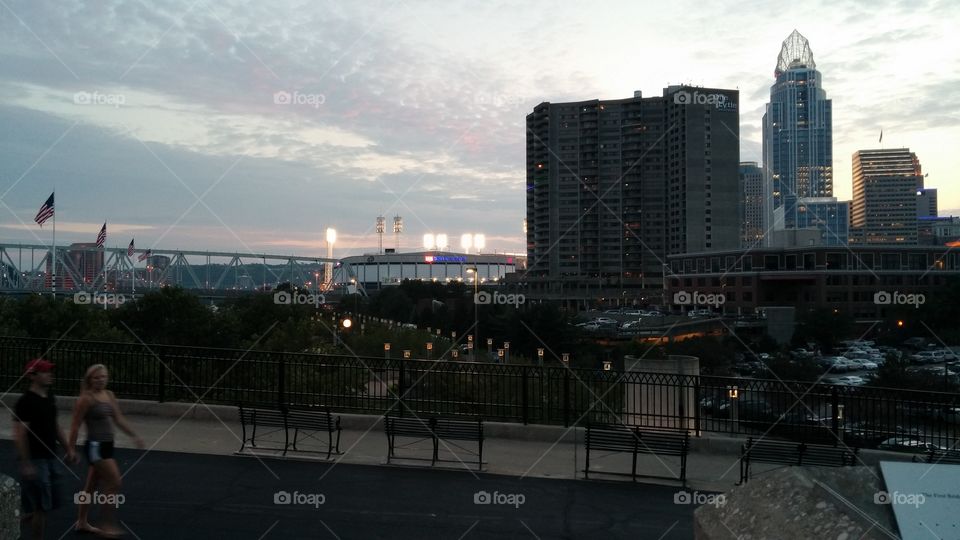 Levee View. view of the is us bank arena and the skyline in Cincinnati Ohio
