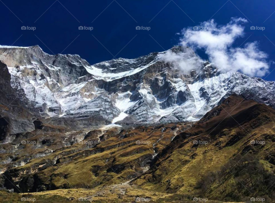 A clear view of Mt Dhaulagiri from Italian Base Camp. Dhaulagiri is the 7th highest mountain in the world. Taken on the Dhaulagiri Circuit Trek in Nepal.