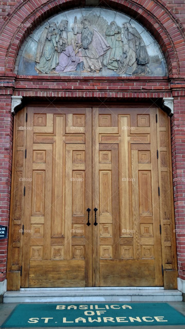 Beautiful wooden door to the Basilica of St Lawrence in Asheville.. one of the most beautiful churches around