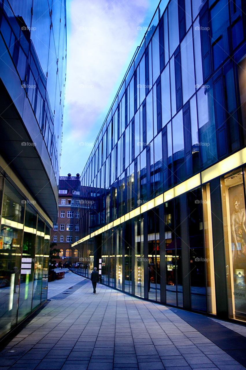 View of street between buildings