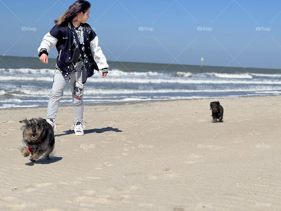 Teenage girl walking her dogs on the beach