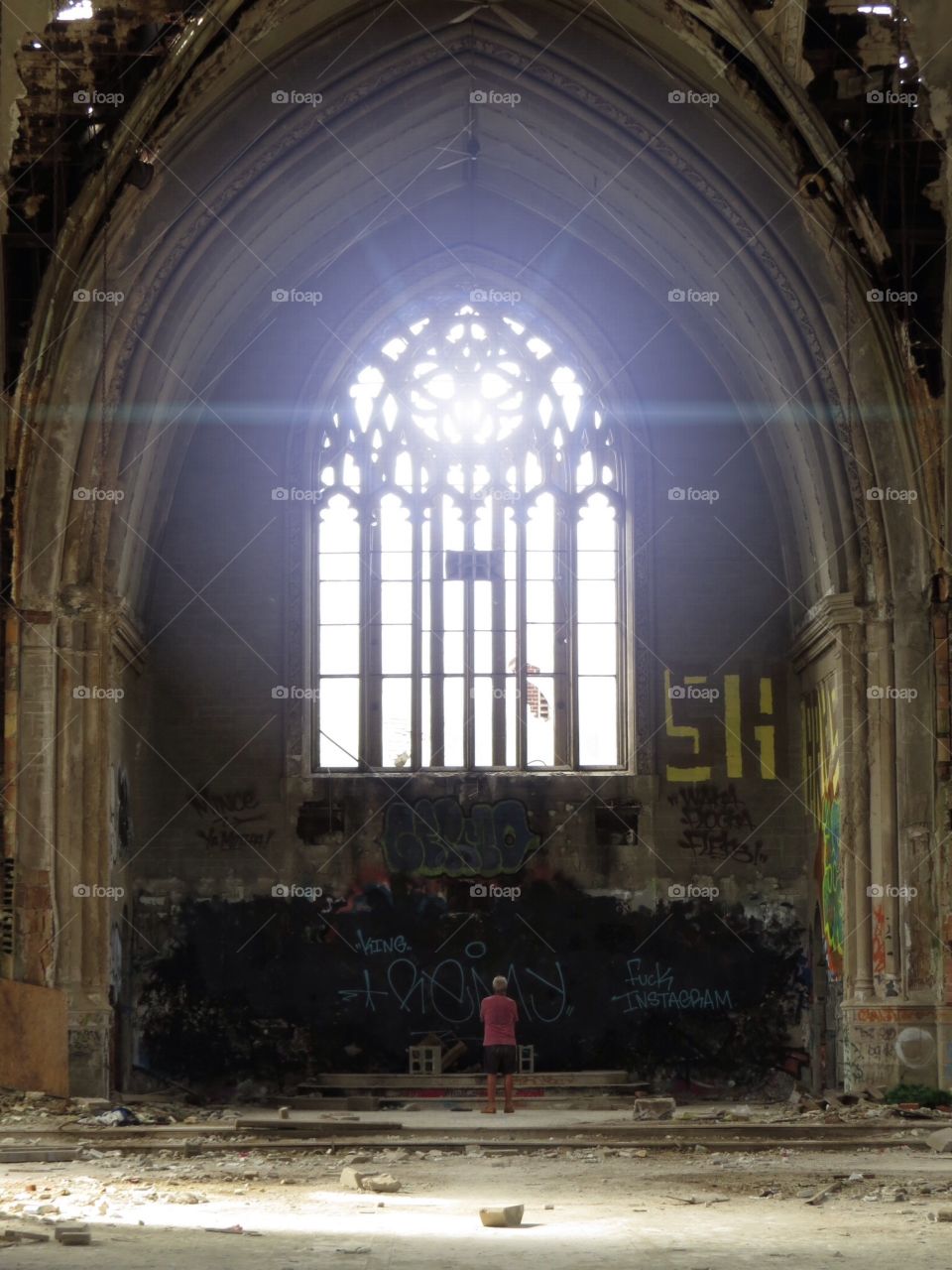 Church window in an abandoned church, Detroit