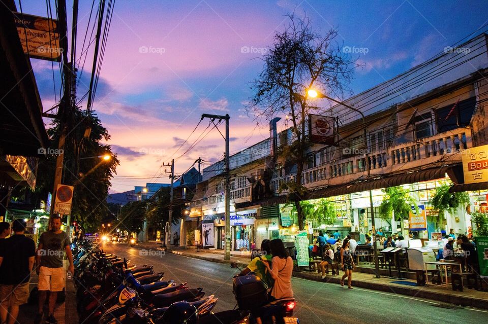 Street at sunset in Chiang Mai, Thailand 