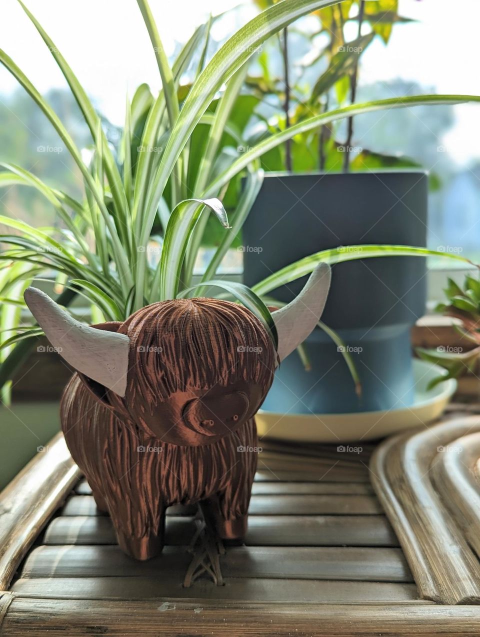 copper highland cow planter pot with spider plant propagation growing wildly on a beautiful bamboo console table