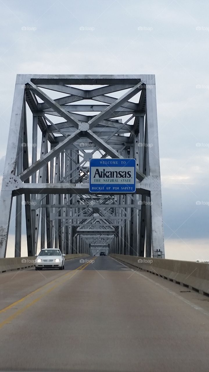 Arkanzas sign. Across to Mississippi River
