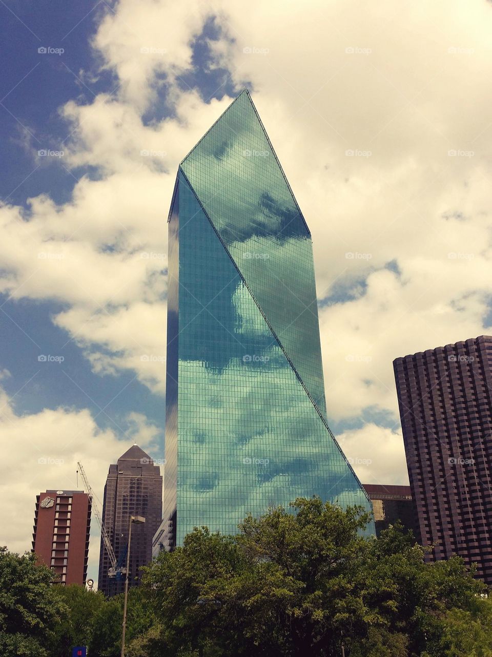 Downtown Dallas Mirror Building Reflecting the clouds