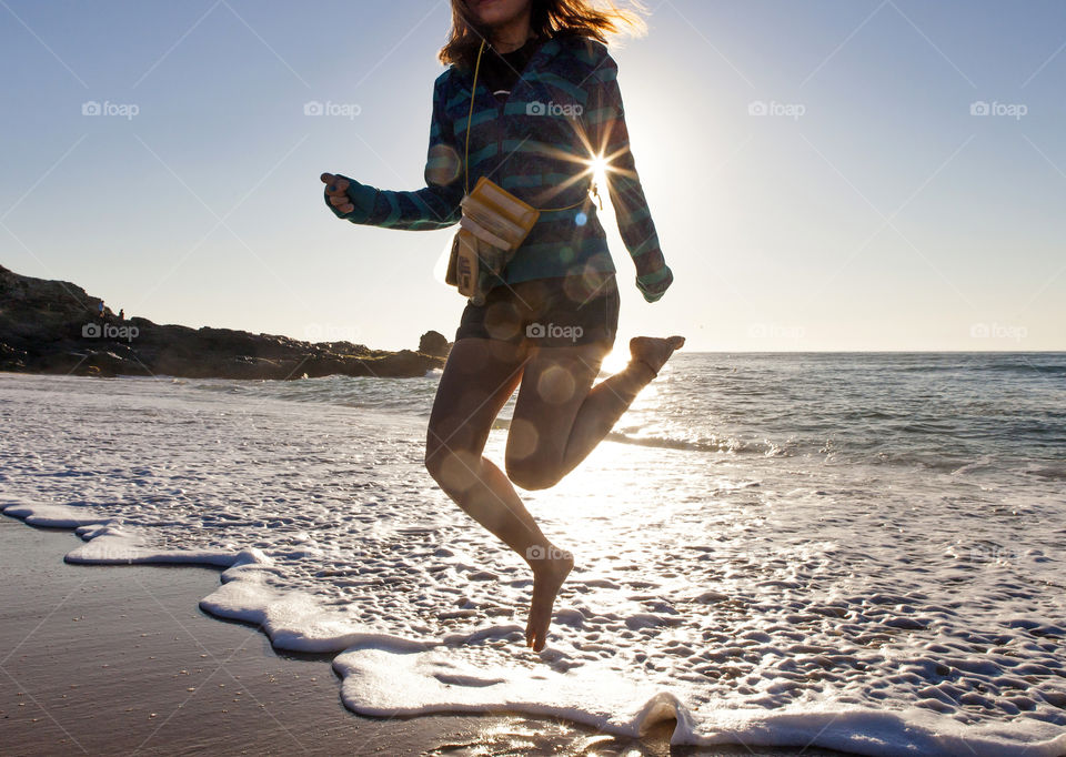 Jump shot, beach, seashore, sun rays