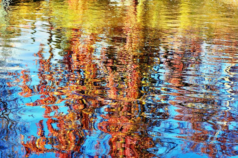 reflection off the water of the blue skies in the Autumn trees
