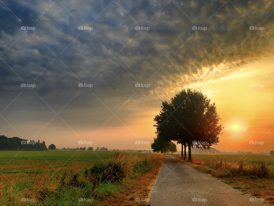 Balance between a stormy sky and a golden sunrise over a rural Countryside landscape 
