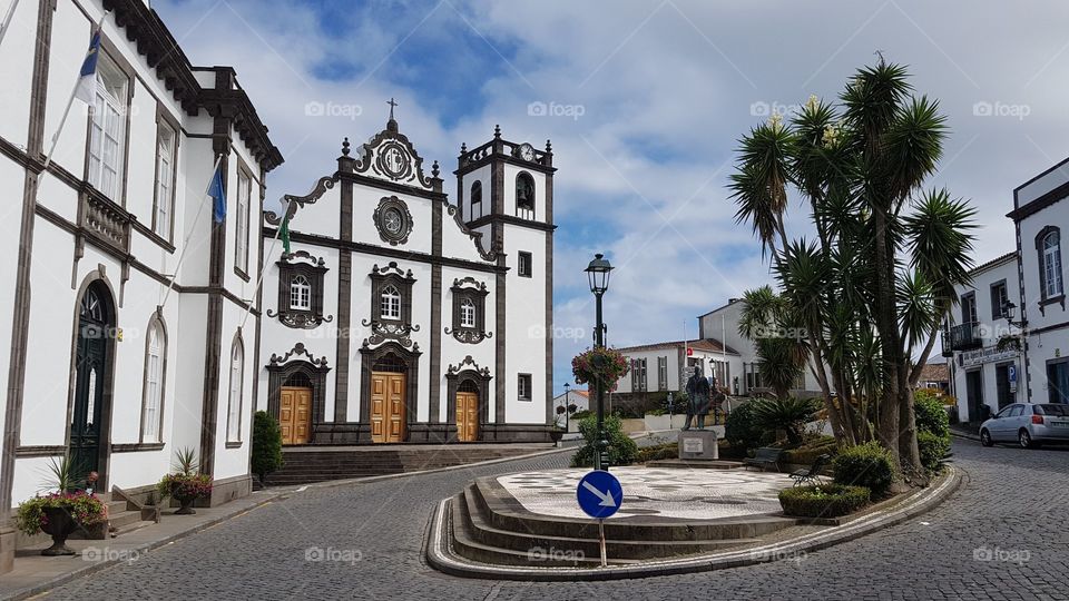 Square with the church of São Jorge in background, in Nordeste, São Miguel, Azores, Portugal.