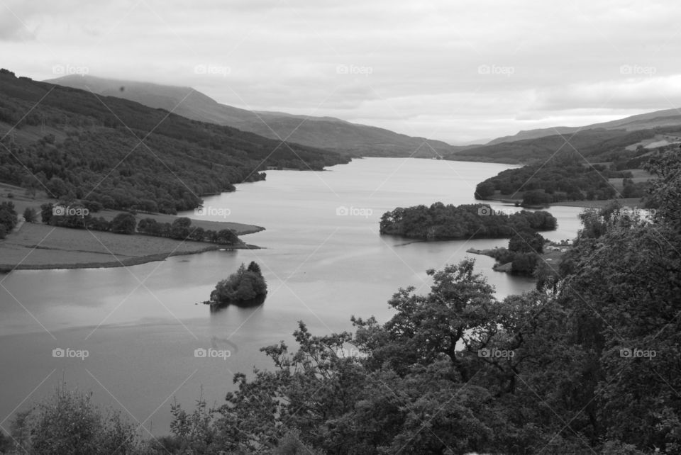 Scottish lake and mountains in black and white