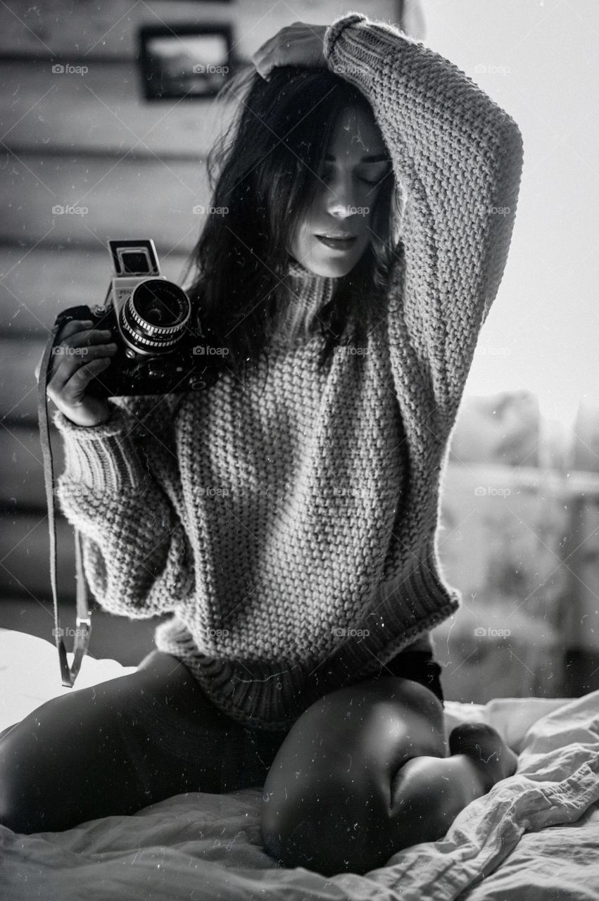 Girl with camera , film camera , model , camera ,fashion ,old photo 