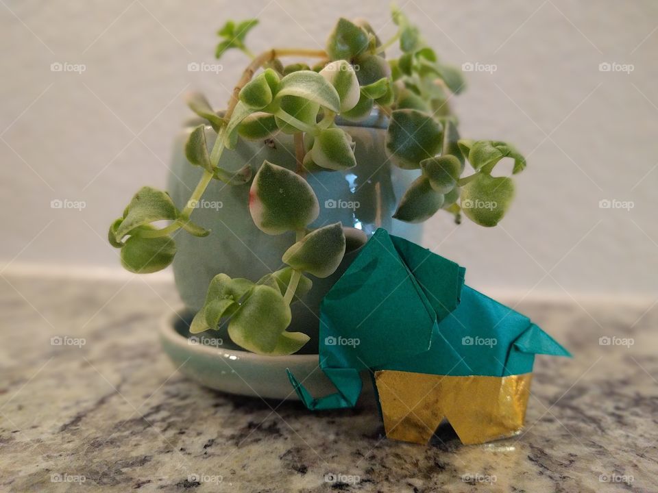 origami elephant with succulent in tea cup