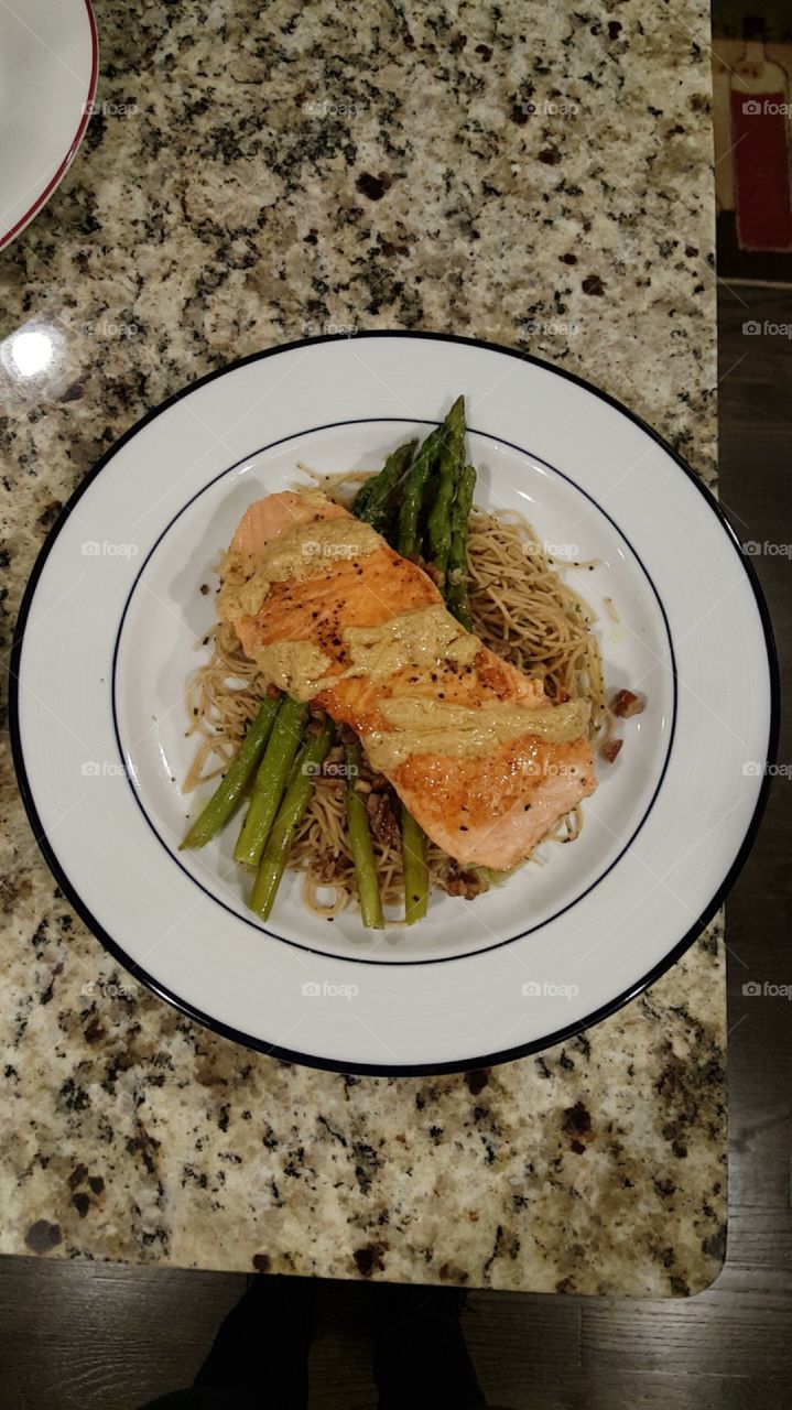 salmon and asparagus over pasta