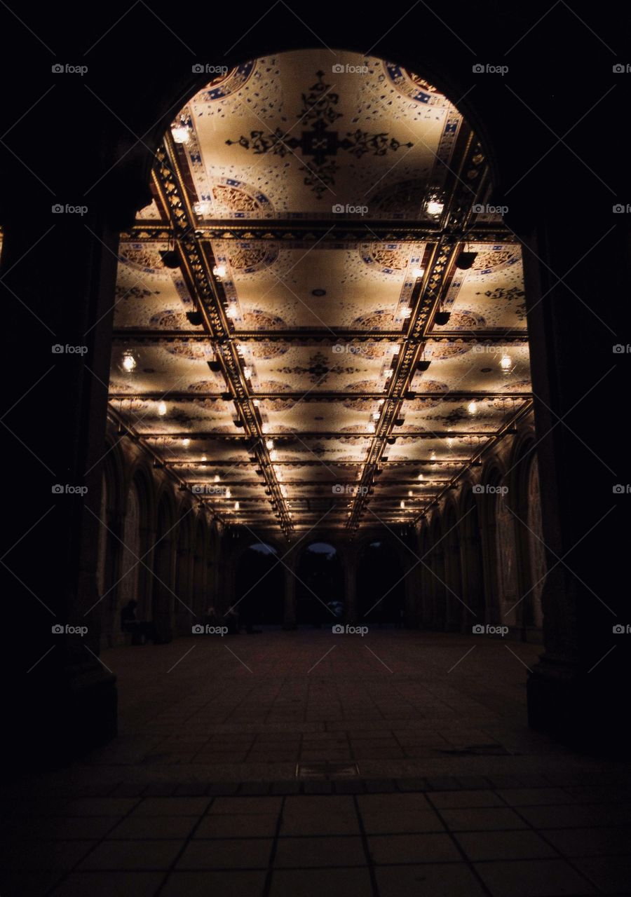 New York, Manhattan, Central Park, people, summer, sunset, trees, plants, grass, green, Park, buildings, architecture, lake, Central Park Lake, Central Park Bethesda Fountain, panoramic view, Bethesda Terrace, 2018, ligths, hallway, 