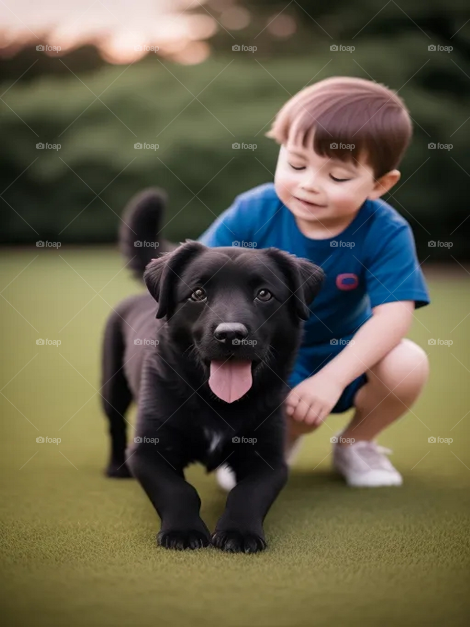 Toddler playing with his dog