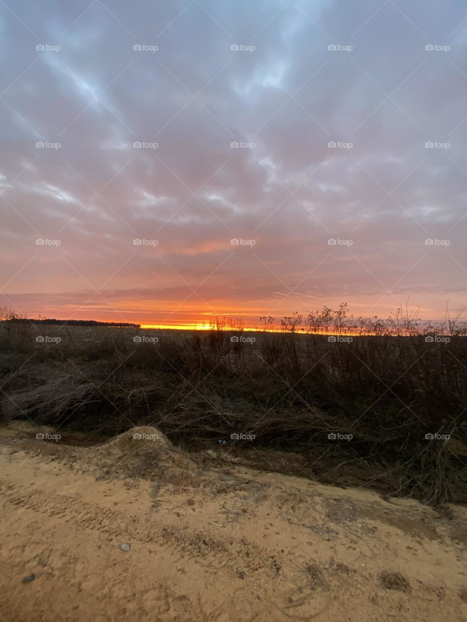 Beautiful colorful sunrise over the open fields in Georgia 