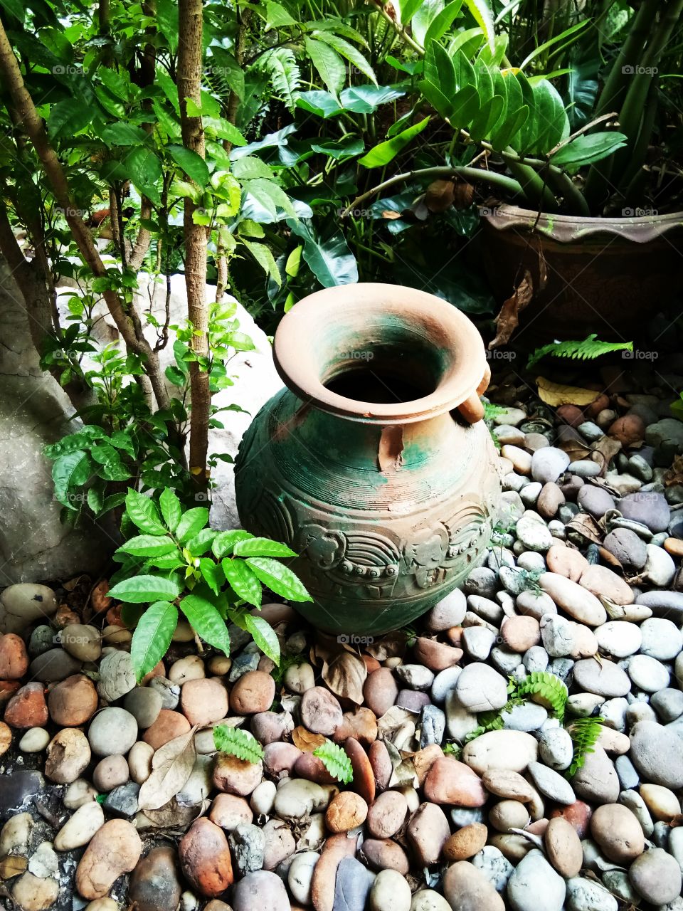 garden arrangement
decor
stone
tree
pot
old