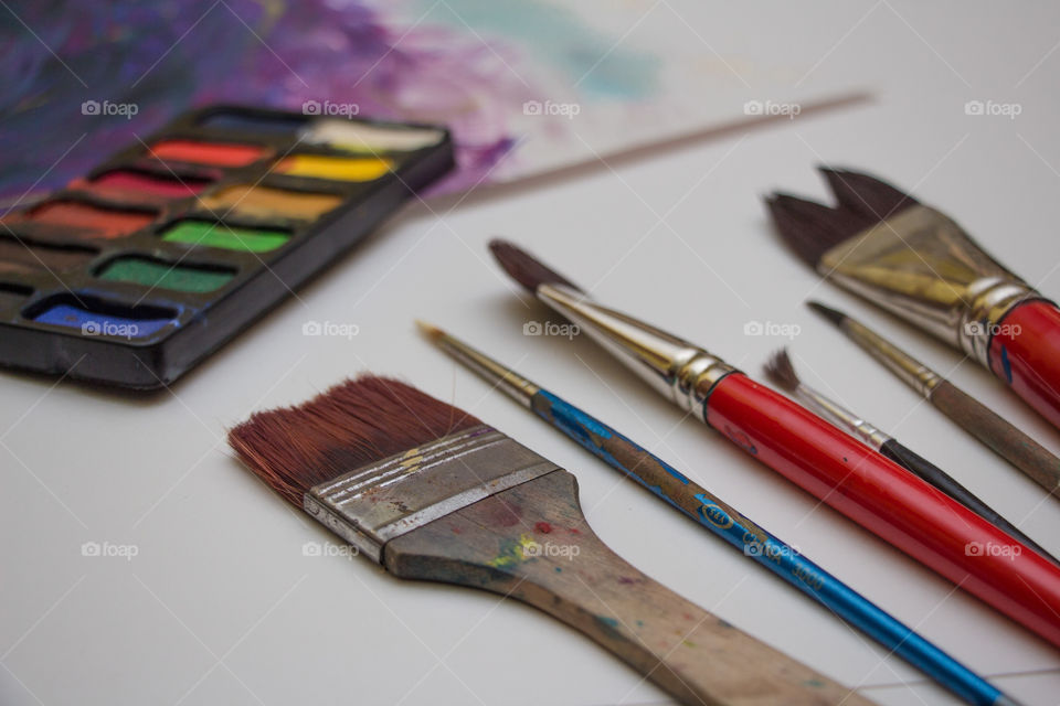 Gouache colors and painting tools