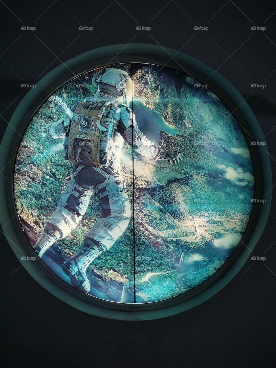 Space green cosmo view Earth Flow glass view alone lonly Black man human livitation