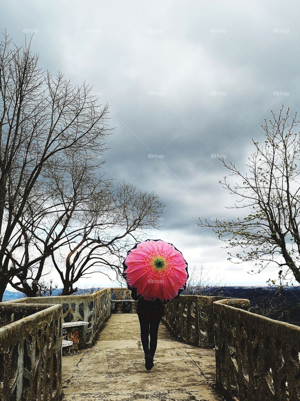 woman from behind with pink umbrella strolls in the park on a gray autumn day