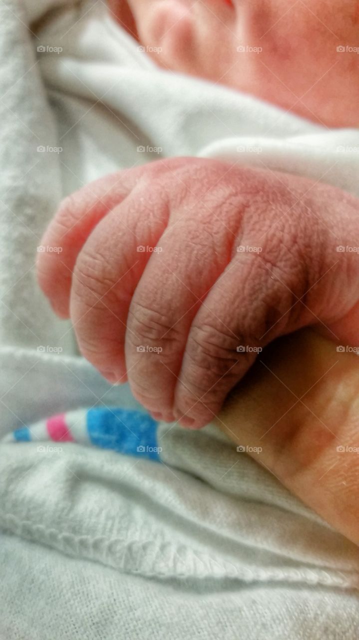 Baby hand. a shriveled newborn baby hand