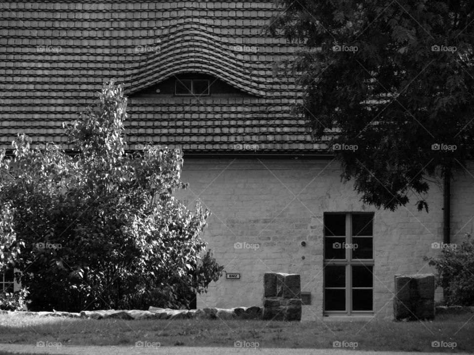 Black and white shot of building exterior in Chorin, Germany.