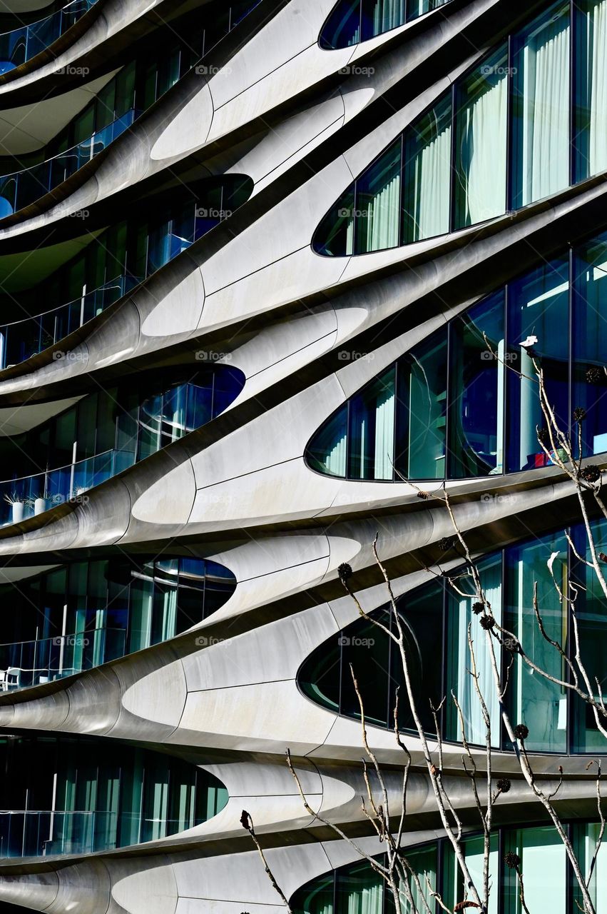 Triangles in urban, space-age geometry, New York City architecture