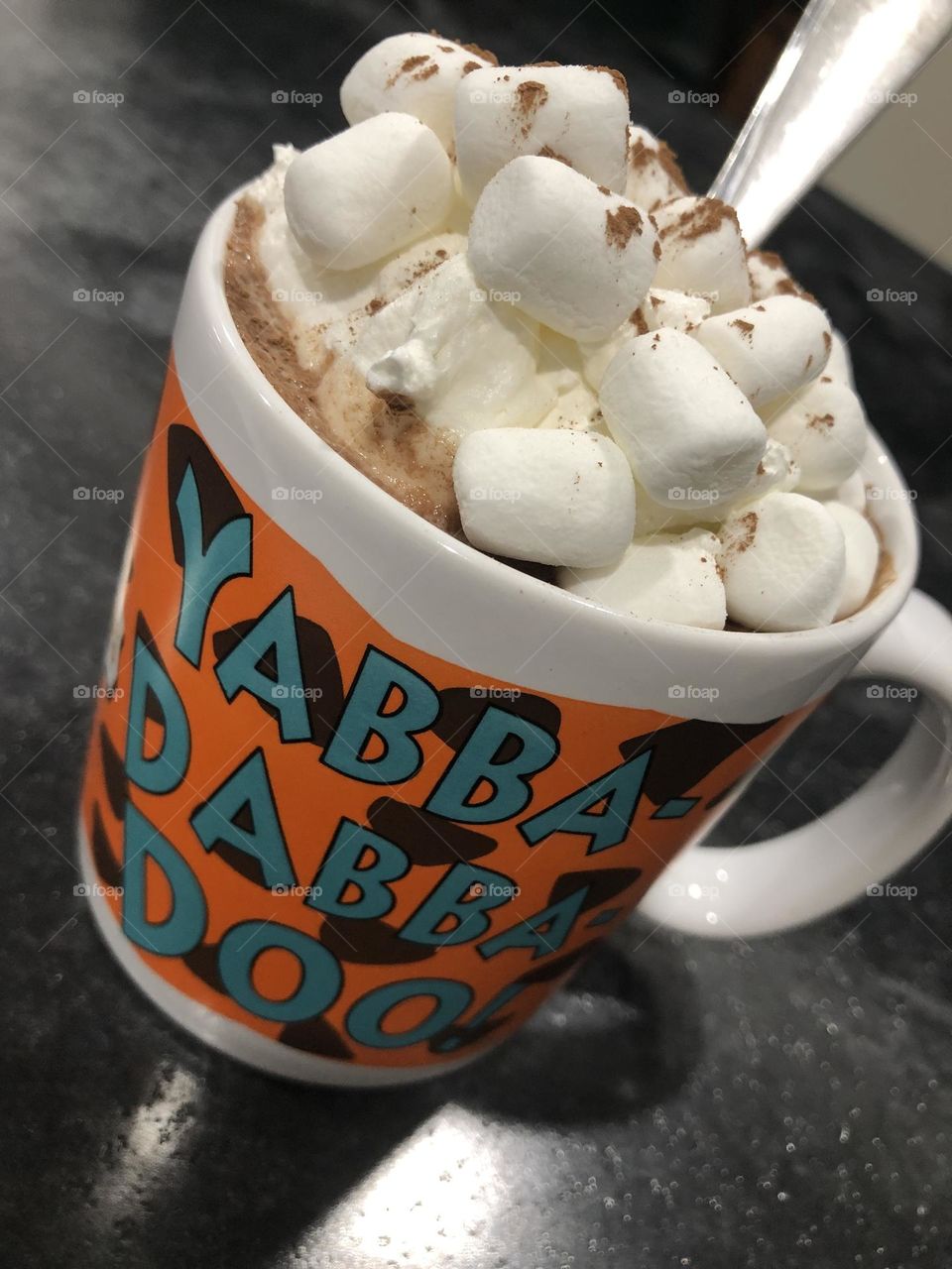 Hot chocolate in a Flintstones Mug