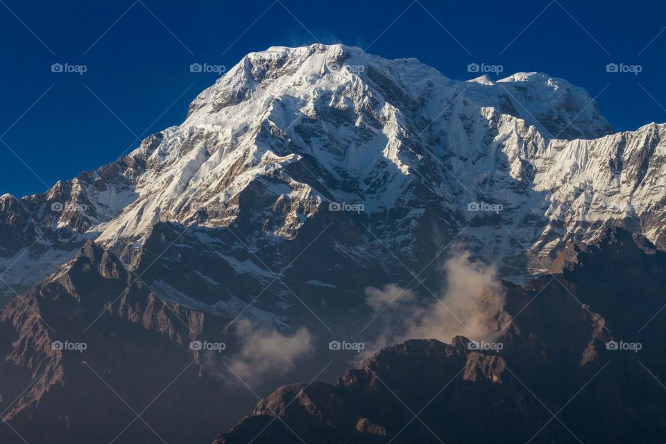 Annapurna mountain at sunset panoramic view 