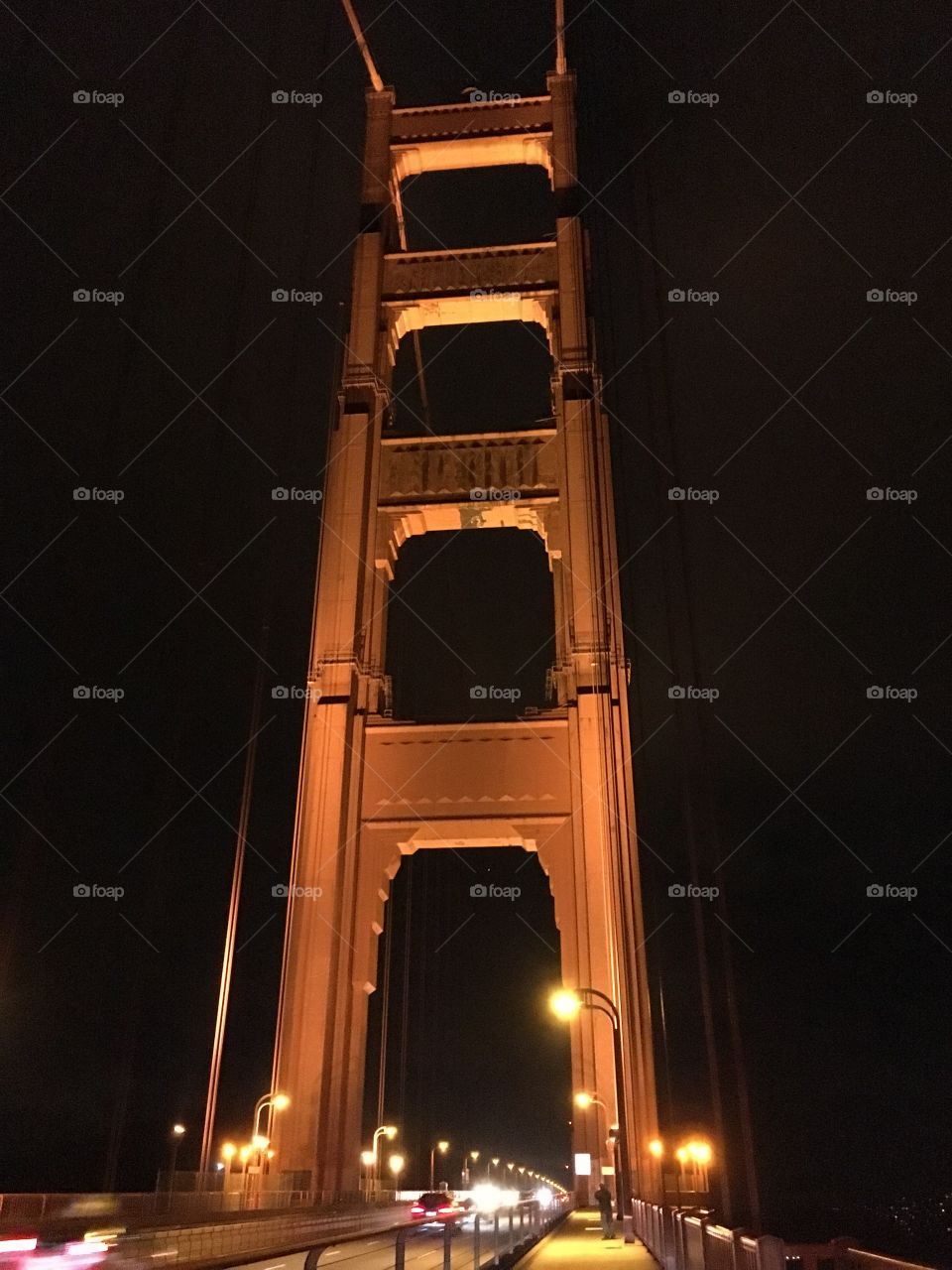 San Francisco landmark, Golden Gate Bridge, close up, lit up at night