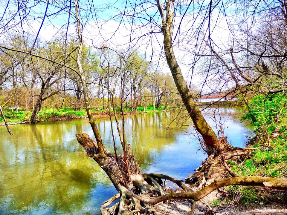 Covered bridge and the river in Indiana 