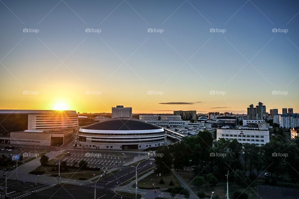 Sunrise in Minsk. Minsk Arena. View from Slavyanskaya Hotel.