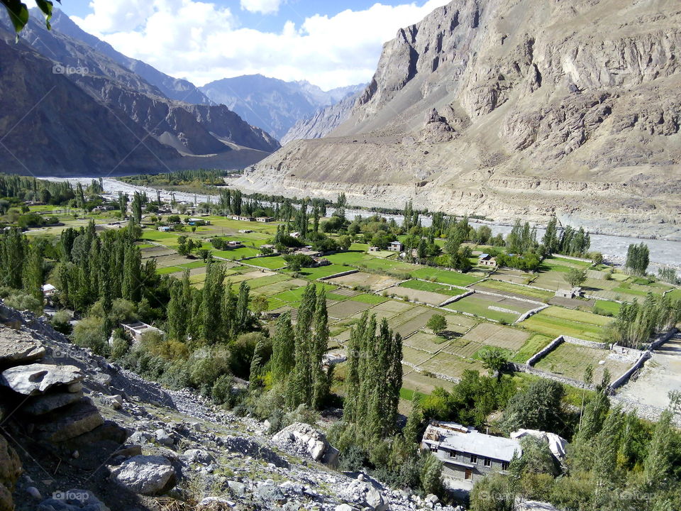 A full view of the village of Leh Laddakh called Bongdang Located in state of India Kashmir.