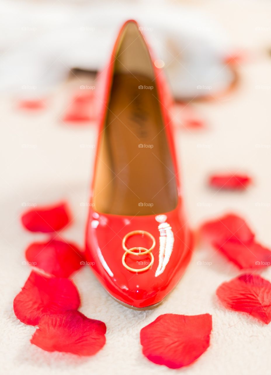 wedding ring red shoes bride marriage rose petals