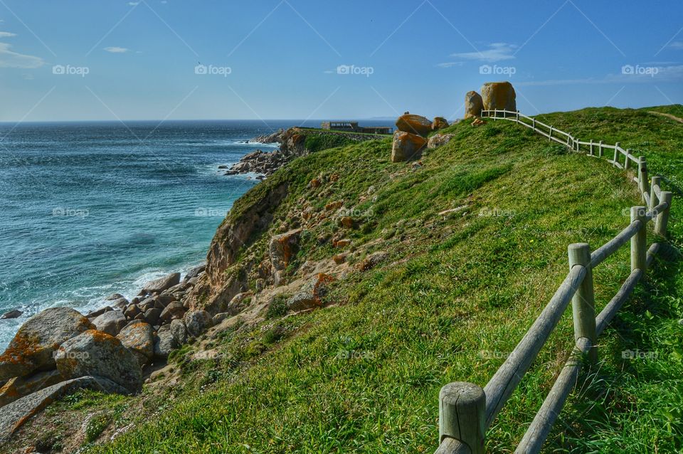 View of the old fortress at A Lanzada beach, Galicia