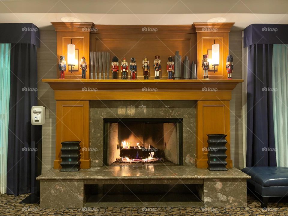 Living room with the fireplace. Holiday atmosphere 