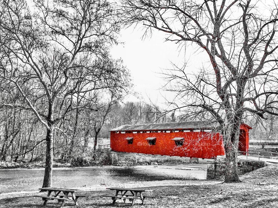 Covered bridge in Indiana in winter. 