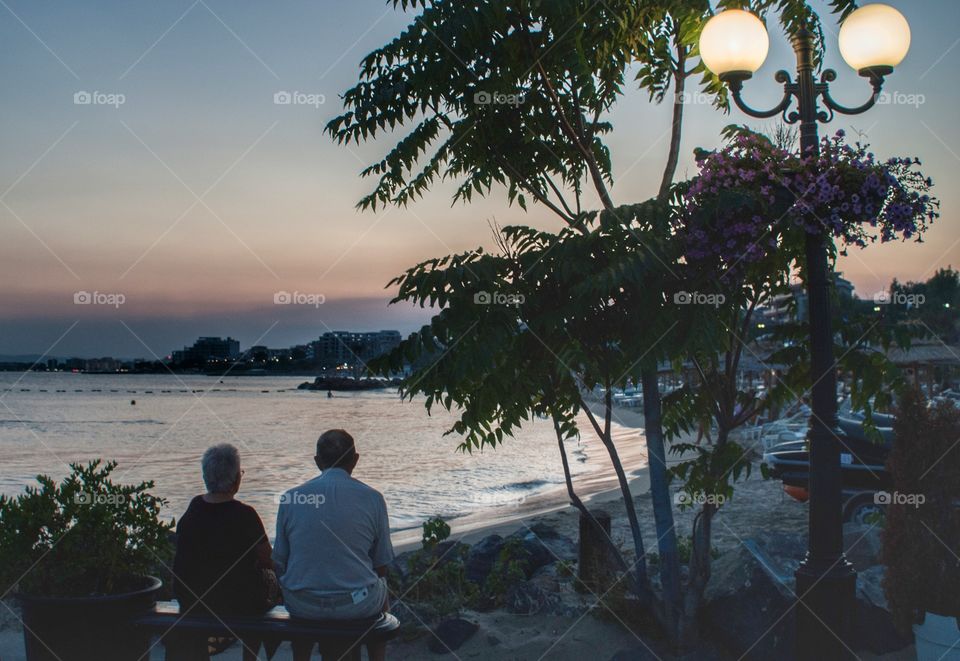 Rear view of senior couple sitting at beach