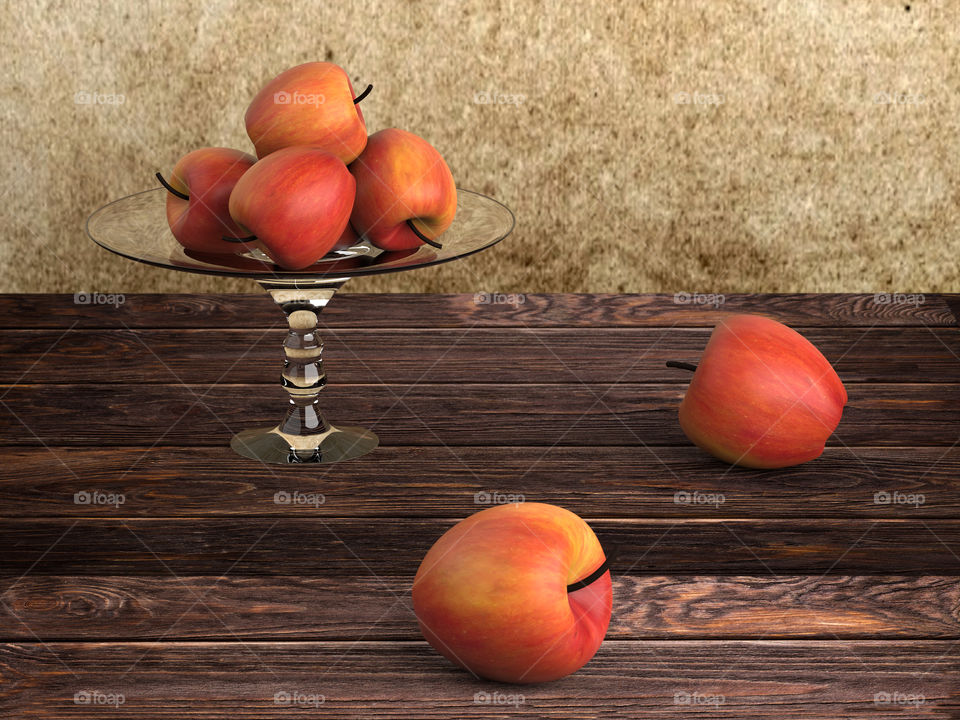 apple still life 3d rendering. Yabolki in the plate. Fruit still life. Gifts of nature. Rendering. 3d fruits on the table. Juicy apples. Red fruit. wooden table. Fruit illustration. Harvest A treat. Interior.