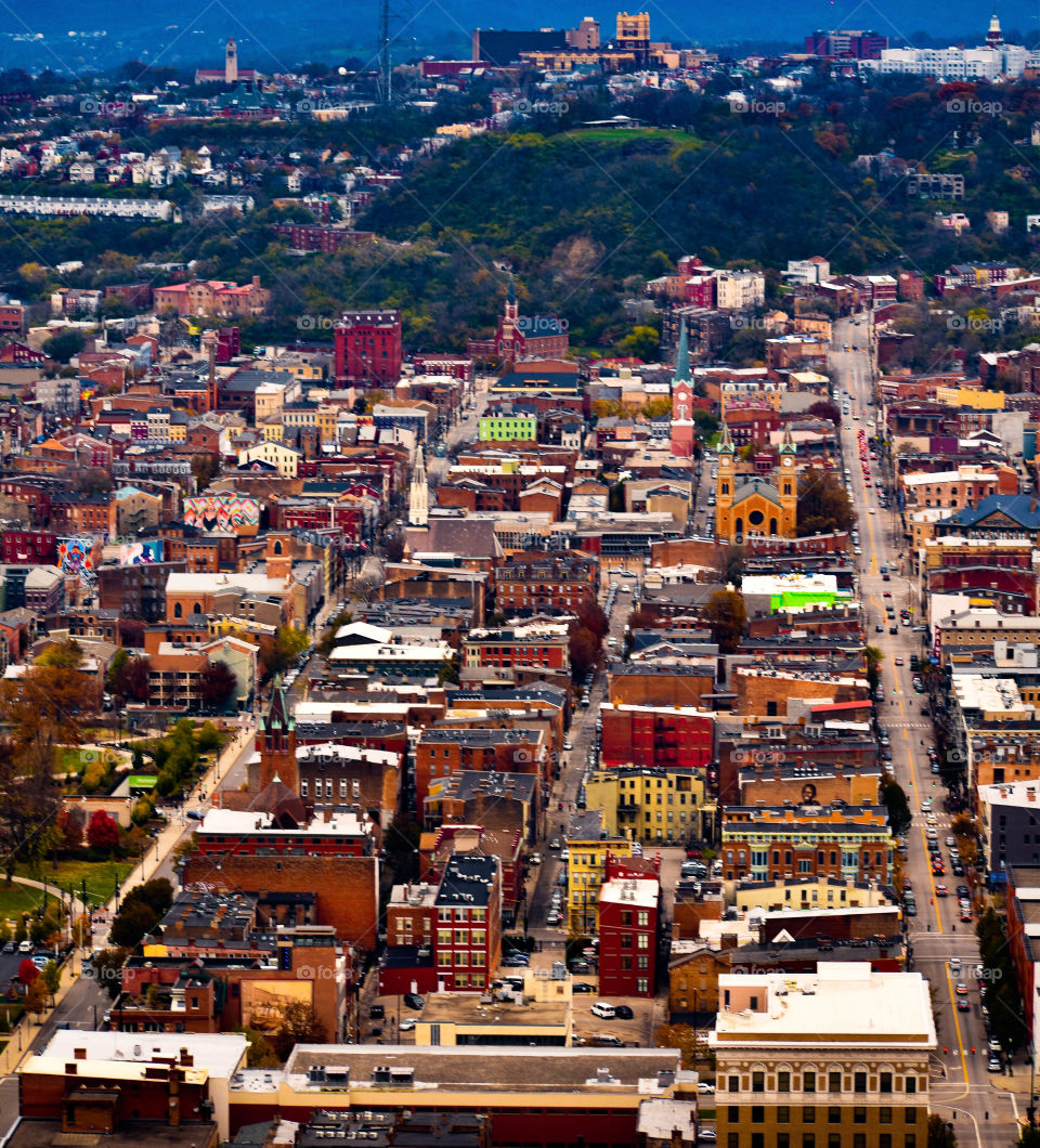 Overlooking the colorful neighborhoods of Cincinnati, Ohio from a high rise. 