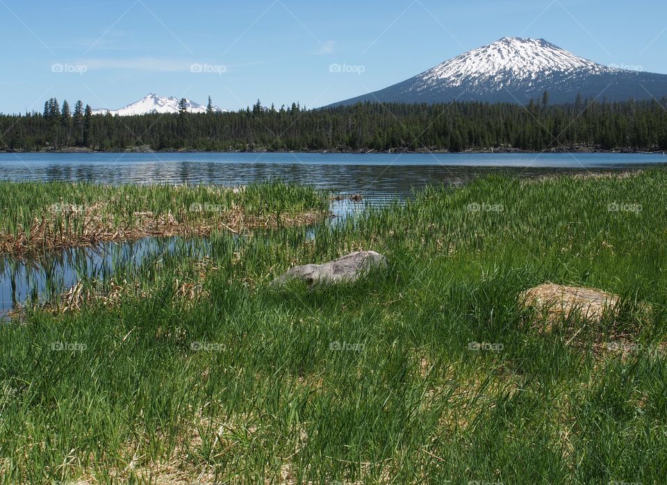 The calm blue waters of Lava Lake with a channel running through green reeds and Mt. Bachelor and Broken Top in the background in Oregon's Cascade Mountains on a sunny summer day.
